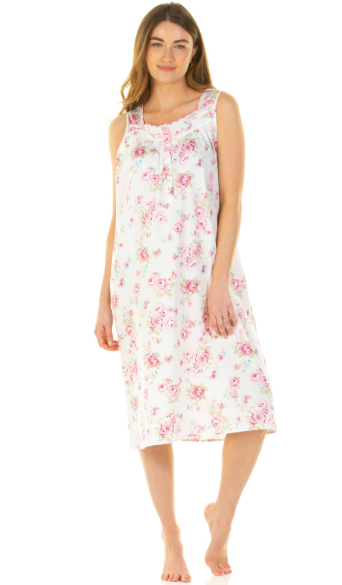 Sue Marks Luxury 100% Combed Cotton Roses Woven Sleeveless Nightdress